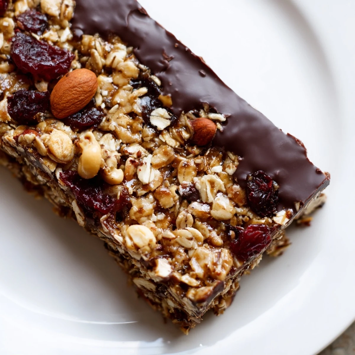 Glossy chocolate coating over a no-bake Chocolate Lunch Bar Snack with oats, nuts, and dried cranberries, ready to slice for lunchboxes.