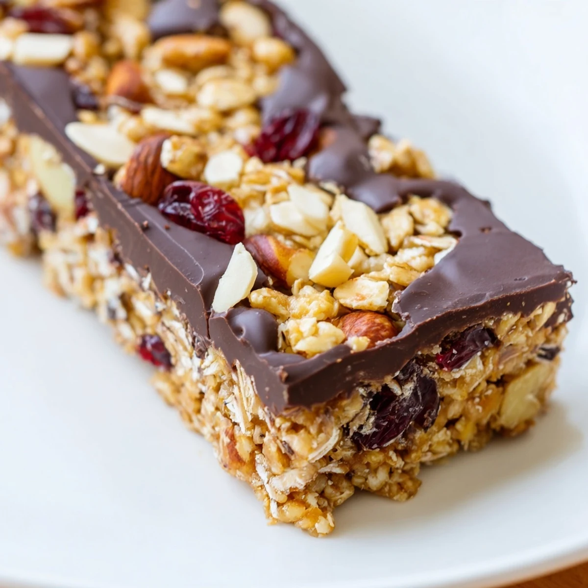 Freshly chilled no-bake Chocolate Lunch Bar Snack cut on a board, showcasing oats, nuts, and chewy dried fruit inside.