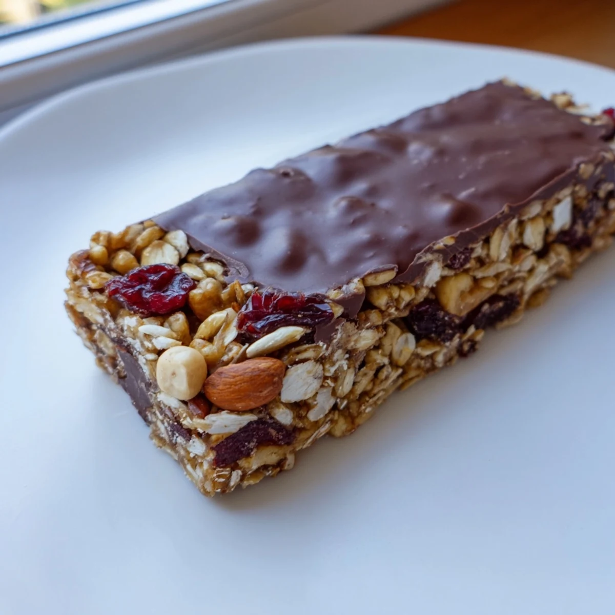 Vividly textured no-bake Chocolate Lunch Bar Snack sliced into squares, with melted chocolate and a sprinkle of coconut on top.