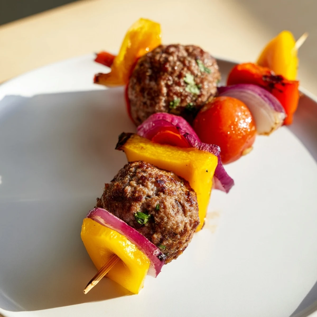 Golden-brown Beef Appetizer Meatball Skewers are garnished with parsley and lemon wedges on a rustic wooden platter, perfect for party appetizers.