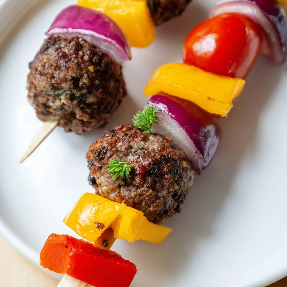 Hearty Beef Appetizer Meatball Skewers are arranged on a serving tray with cherry tomatoes and onions, ideal for a backyard barbecue.