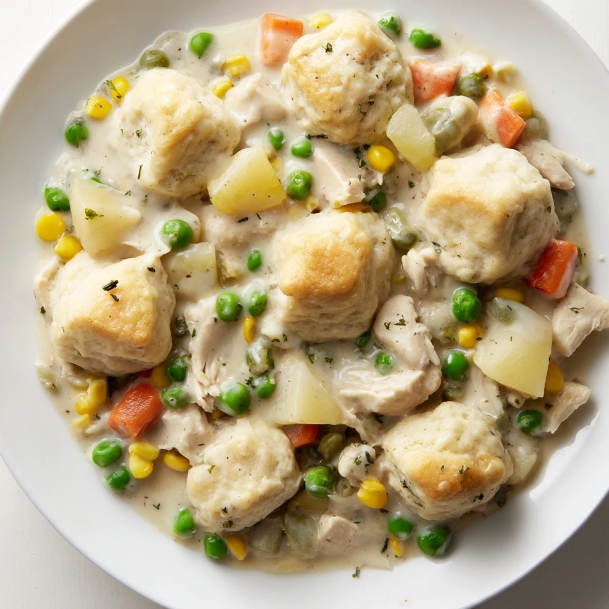 A close-up of Slow Cooker Dinner Pot Pie with golden, fluffy biscuits atop a creamy chicken and vegetable filling, steaming in a rustic bowl.  