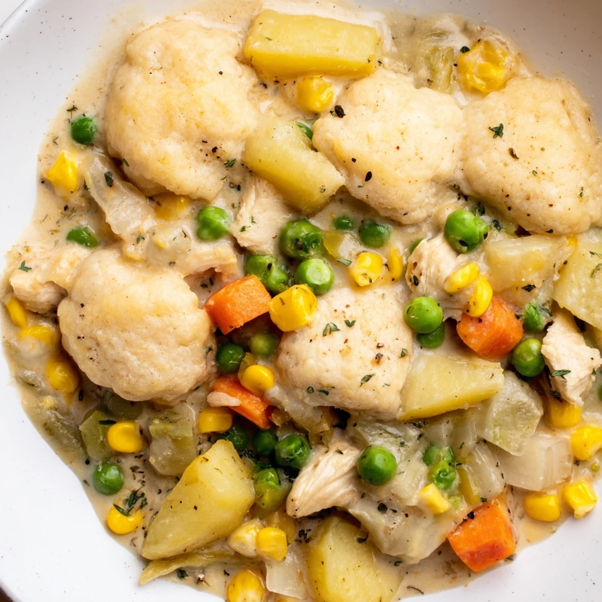 Golden biscuit-topped Slow Cooker Dinner Pot Pie, served steaming in a ceramic bowl alongside a crisp green salad for a complete meal.  
