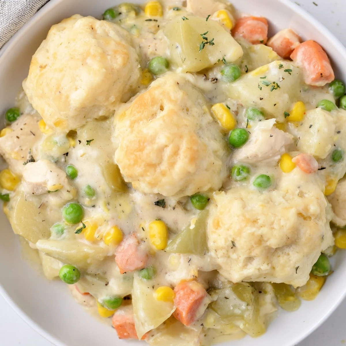 Rustic Slow Cooker Dinner Pot Pie featuring tender chicken and vegetables in a rich sauce, with bubbly biscuit topping peeking from the slow cooker.
