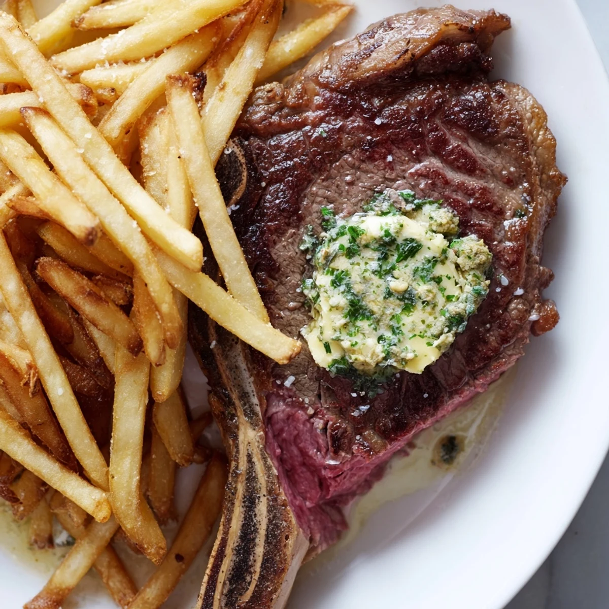 A sizzling plate of Beef Dinner Steak Frites features a perfectly seared ribeye topped with herb butter beside golden, crispy fries.  