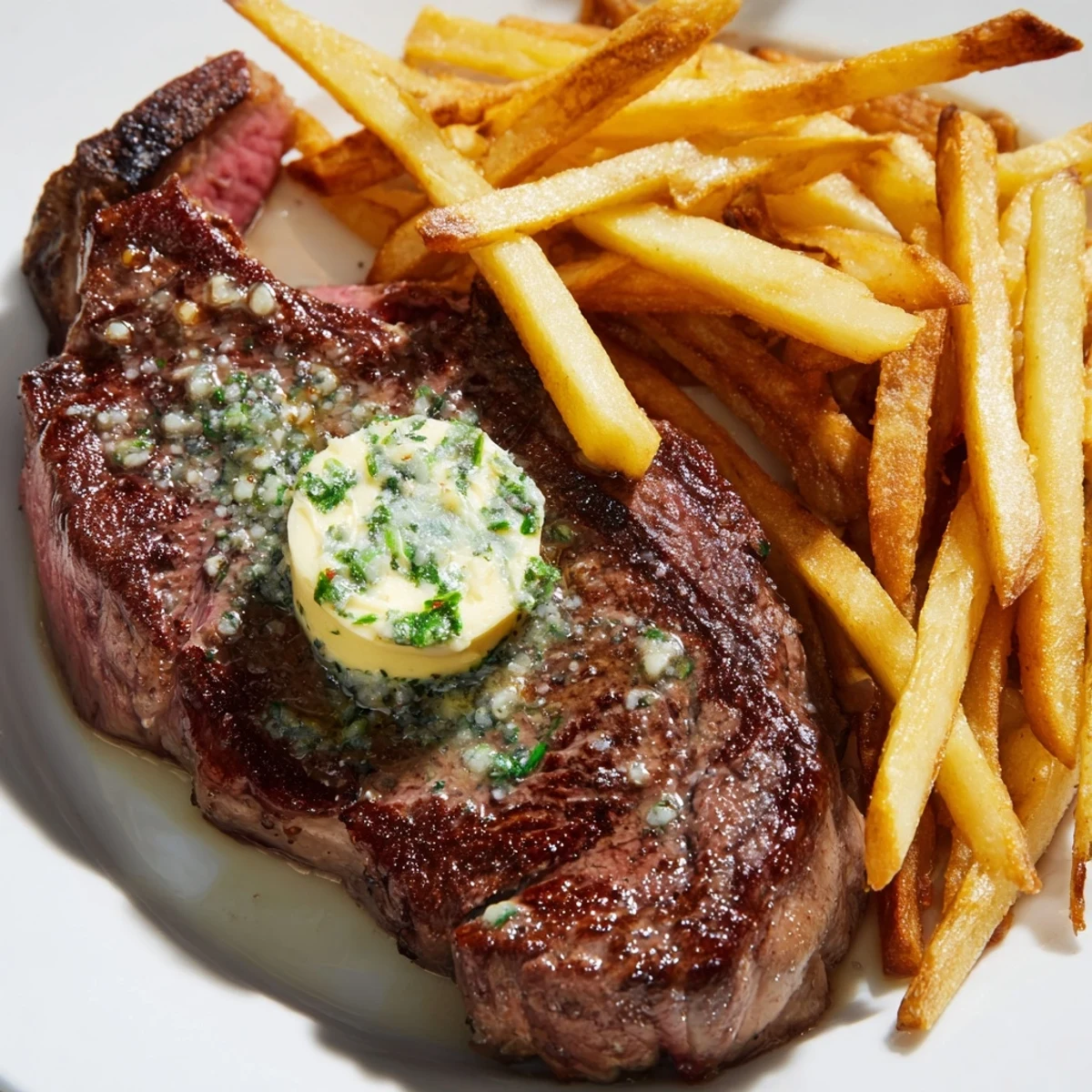 Dinner is ready: tender Beef Dinner Steak Frites with herb butter melting over the steak and a side of crunchy, salted fries.