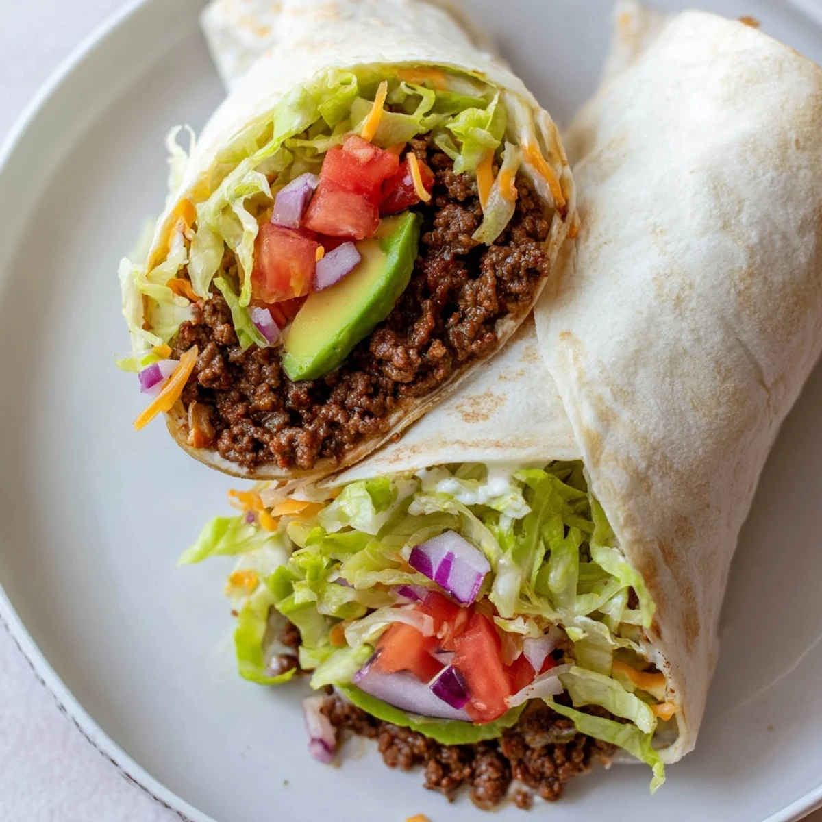 A warm Beef Lunch Wrap Tortilla filled with seasoned ground beef, crisp lettuce, and creamy avocado slices.