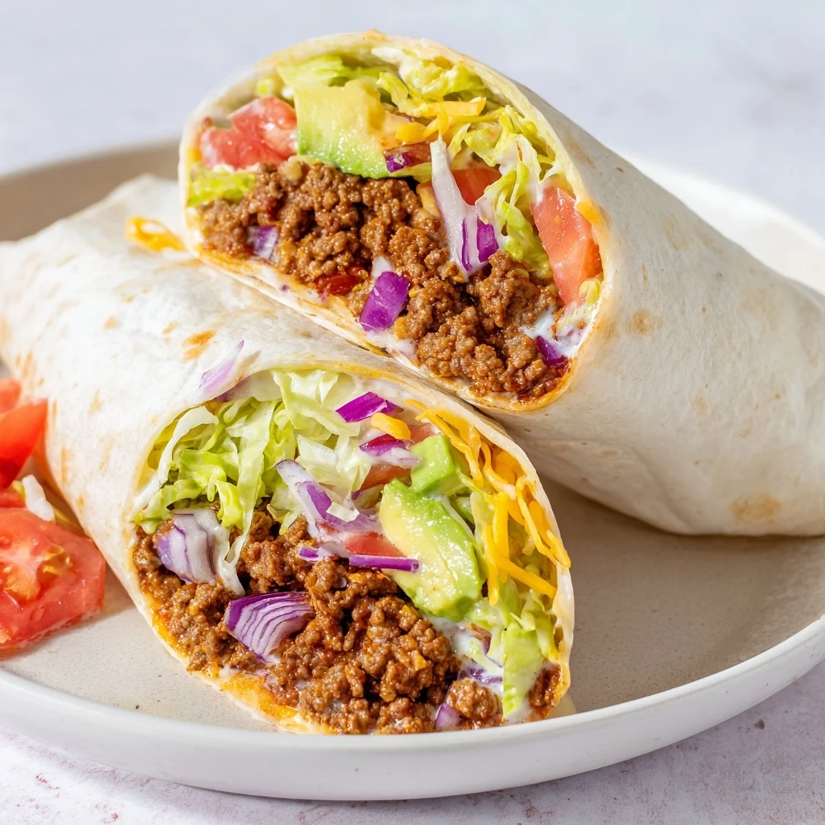This portable Tex-Mex wrap features melted cheddar cheese and fresh diced tomatoes, perfect for a quick lunch.