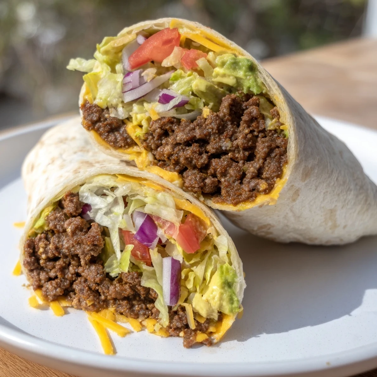 Sliced in half to reveal juicy beef, red onion, and zesty sauce inside the soft flour tortilla.