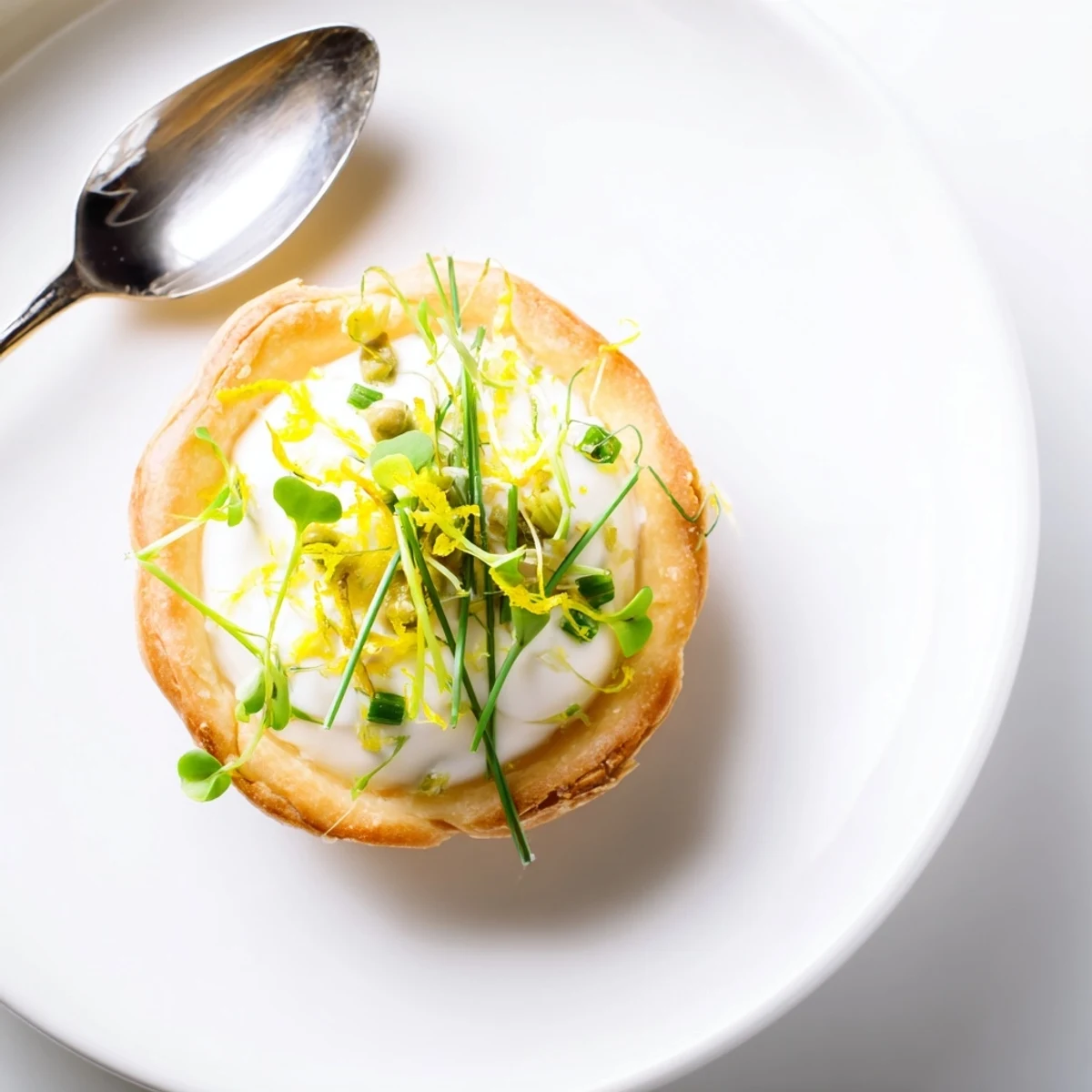 Golden Lemon Appetizer Tartlet with fresh chives and zest in a crisp puff pastry shell.