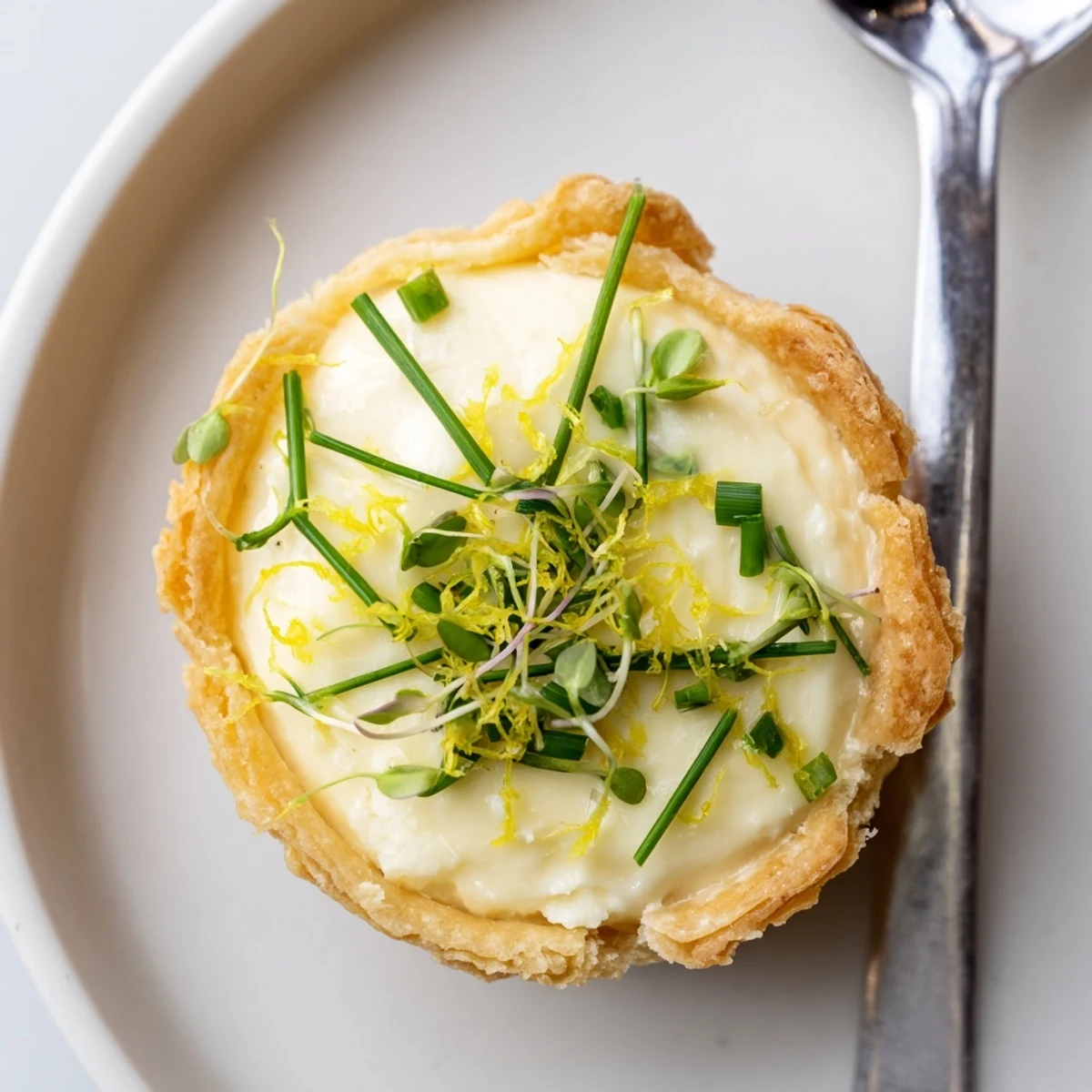Shiny Lemon Appetizer Tartlet garnished with microgreens, served on a rustic white platter.