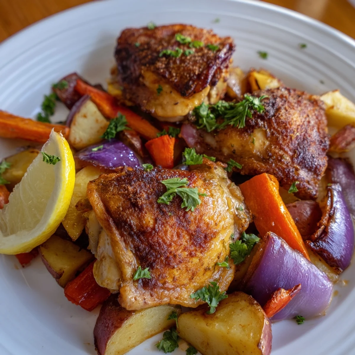 Sizzling Chicken Dinner with Roasted Vegetables highlights a medley of red onions and bell peppers for a weeknight meal.