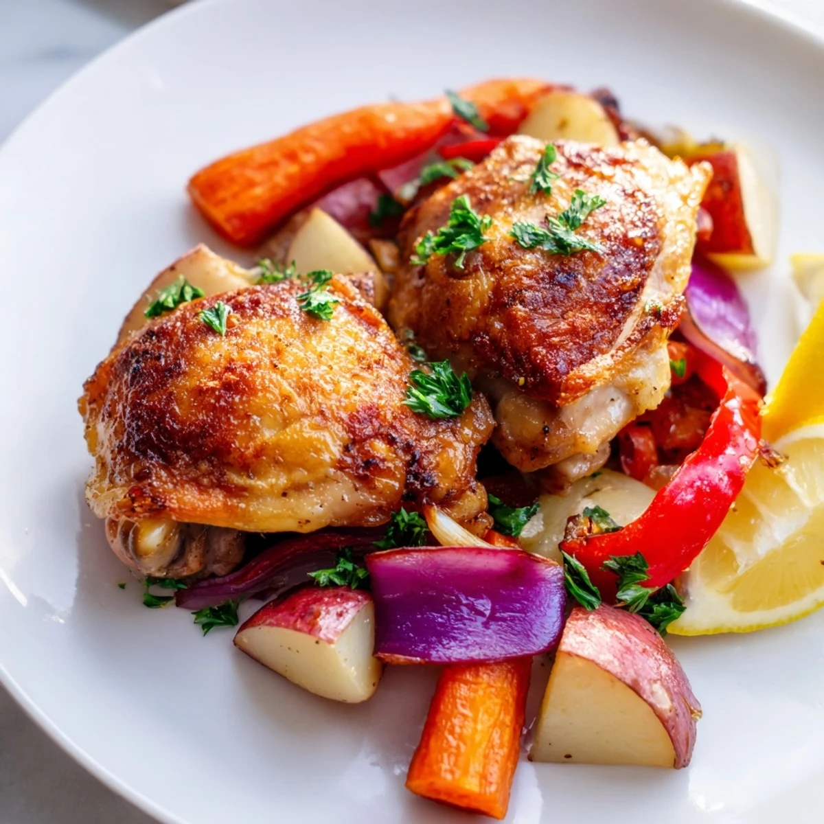 Golden-brown roasted chicken thighs with crispy skin sit atop caramelized carrots and red potatoes in a rustic pan.