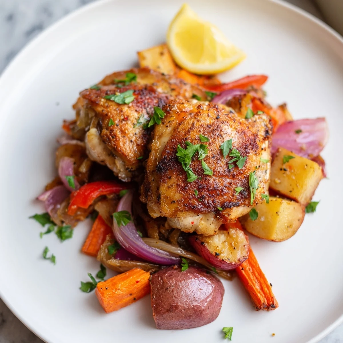 A close-up of Chicken Dinner with Roasted Vegetables showcases juicy thigh meat and tender rosemary potatoes, garnished with fresh parsley.