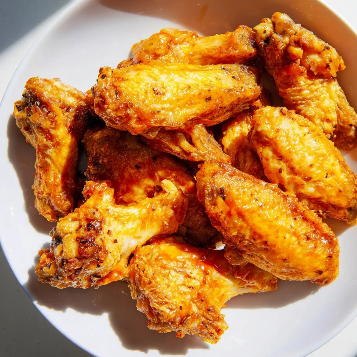 Golden-baked Spicy Chicken Wings glistening with fiery red sauce on a wire rack, ready to serve.
