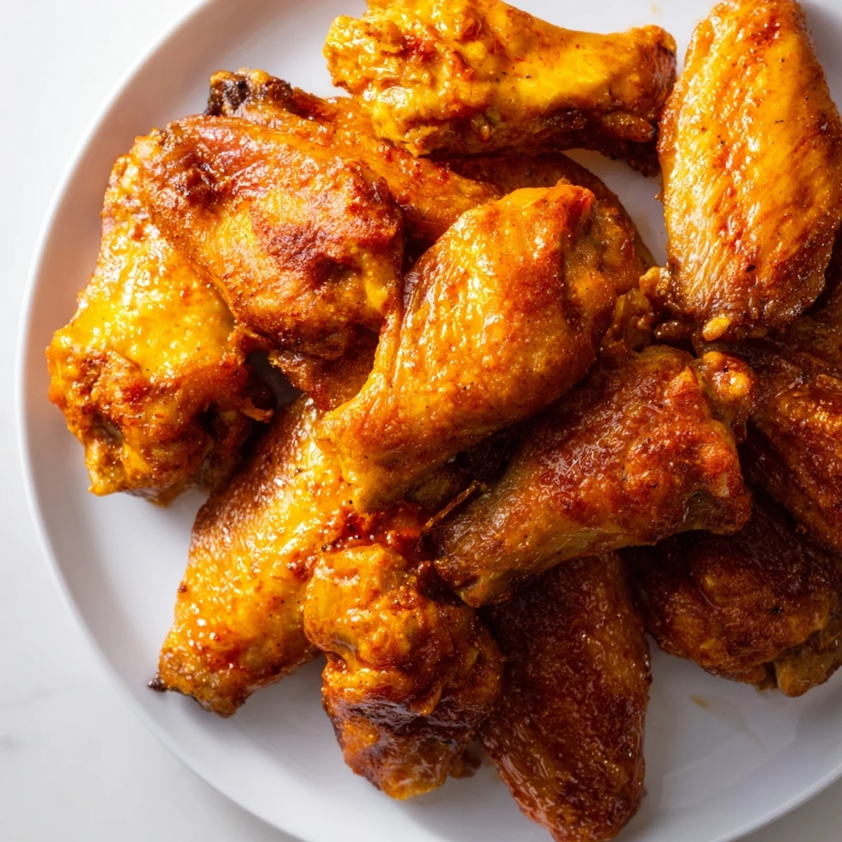 Freshly baked Spicy Chicken Wings arranged on a serving platter, glazed with a sweet and spicy sauce.