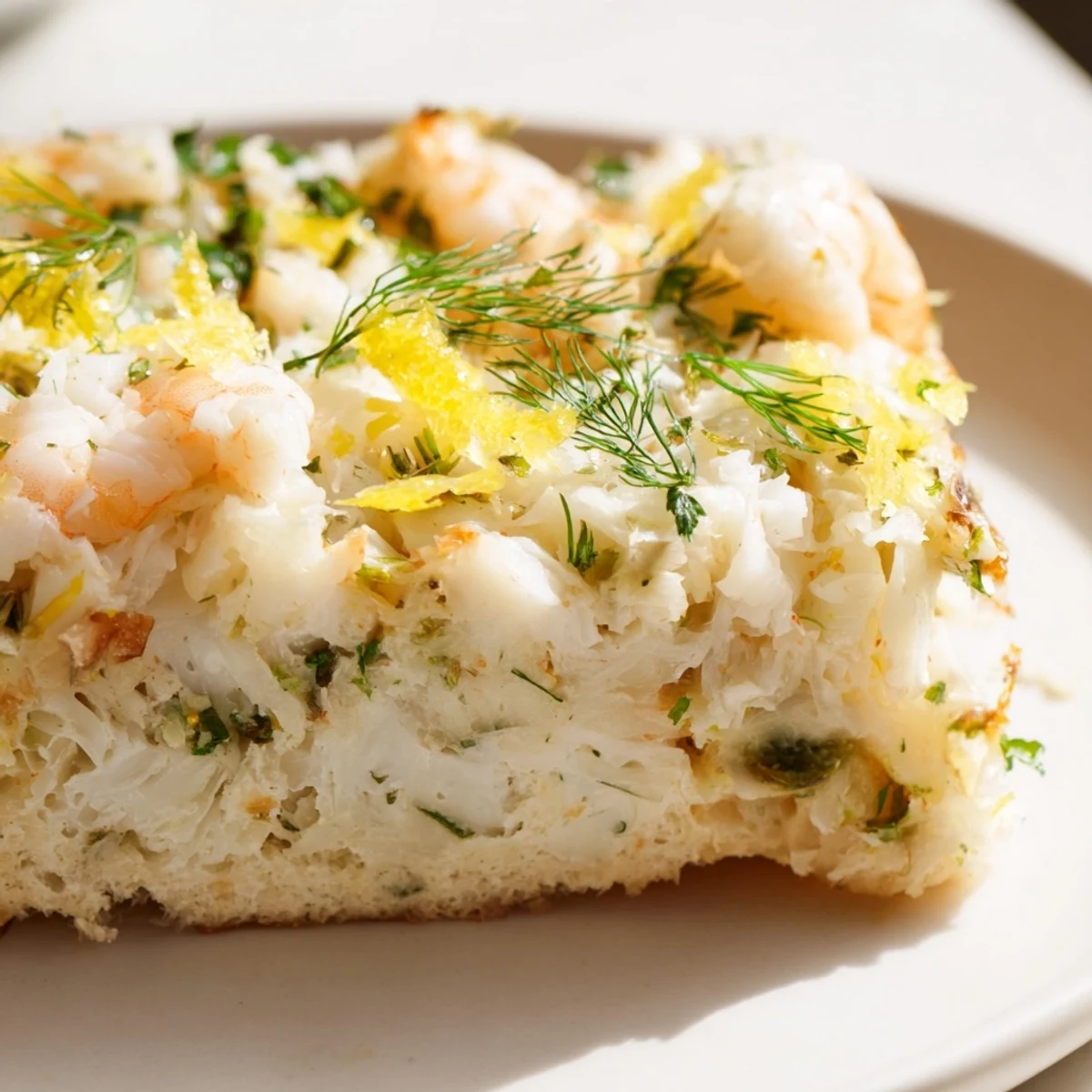 Golden Baked Fish Appetizer Cake topped with fresh herbs and lemon zest, sliced on a rustic board.