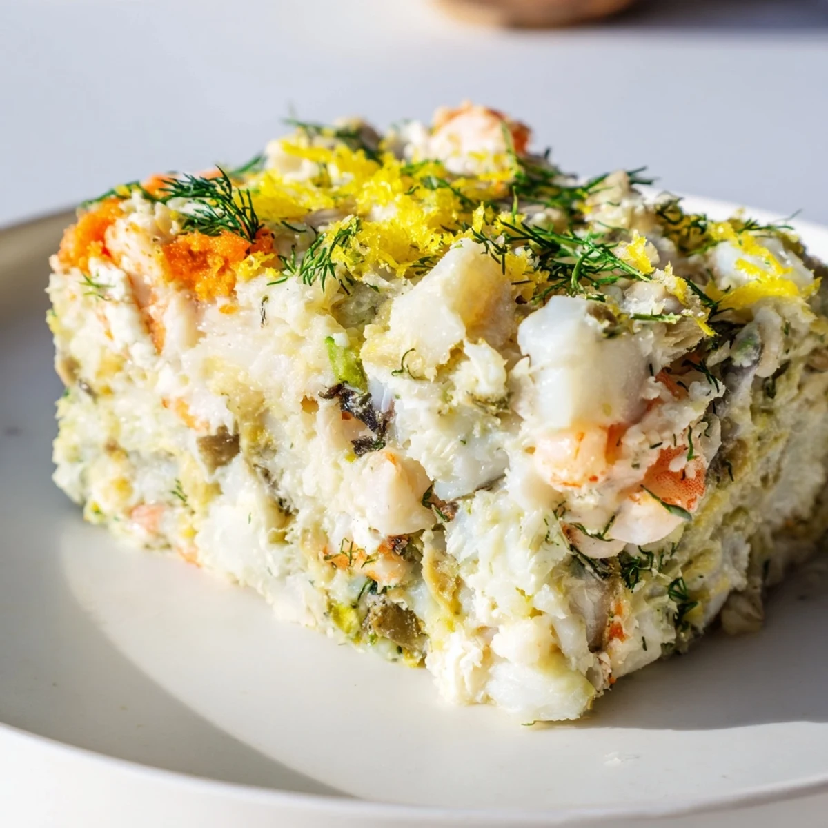 Savory Baked Fish Appetizer Cake plated with a crisp green salad and lemon wedges for serving.