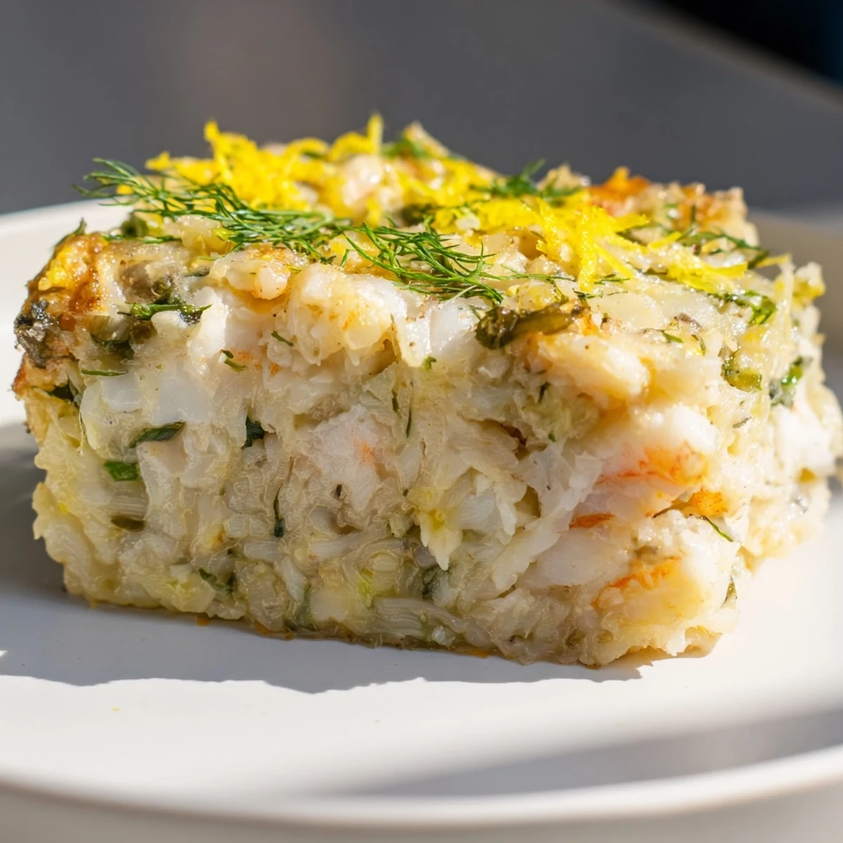 Freshly baked Baked Fish Appetizer Cake with creamy texture and shrimp, garnished with chopped dill.