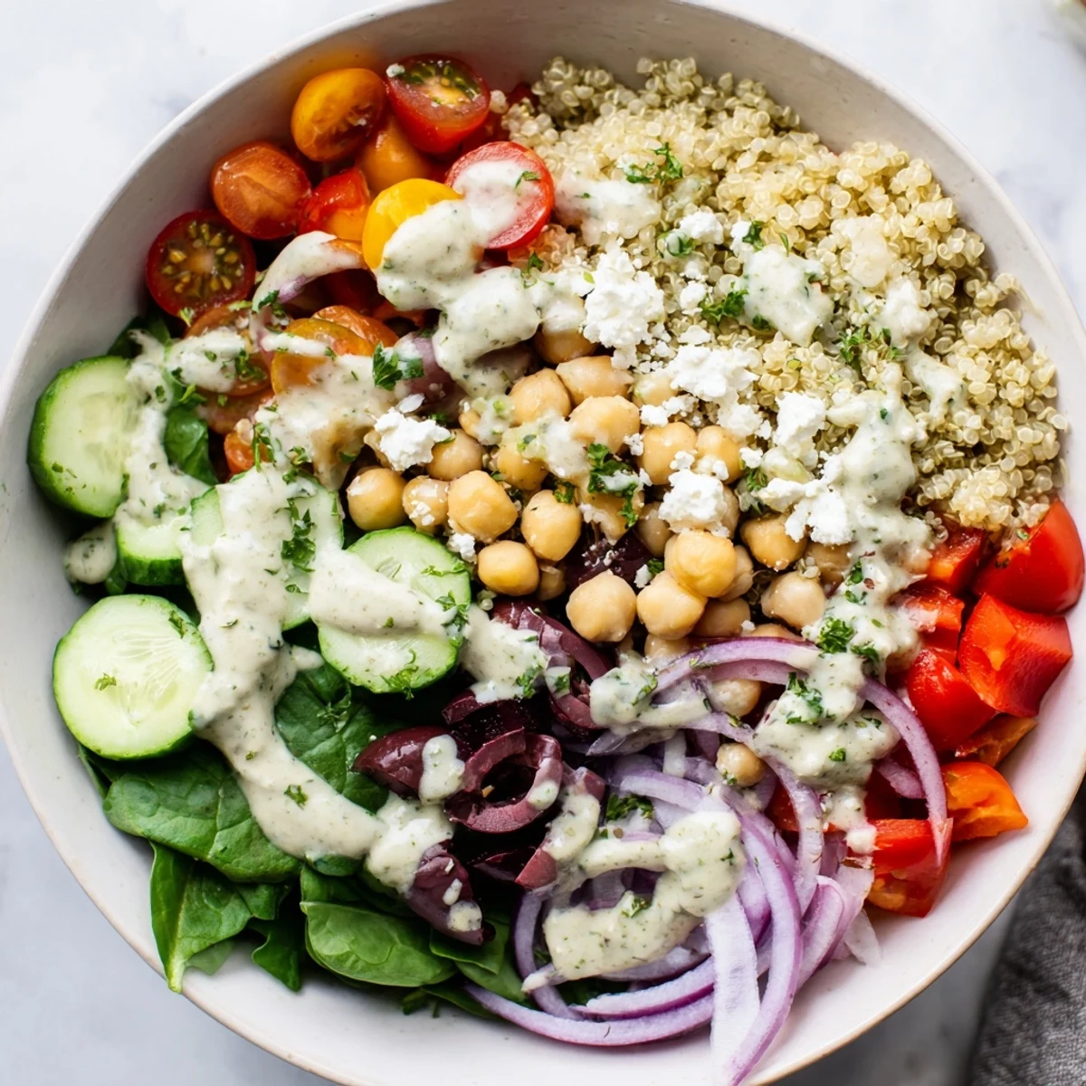 Colorful Mediterranean Dinner Grain Bowl topped with chickpeas, Kalamata olives, and parsley, served fresh in a white ceramic bowl.  