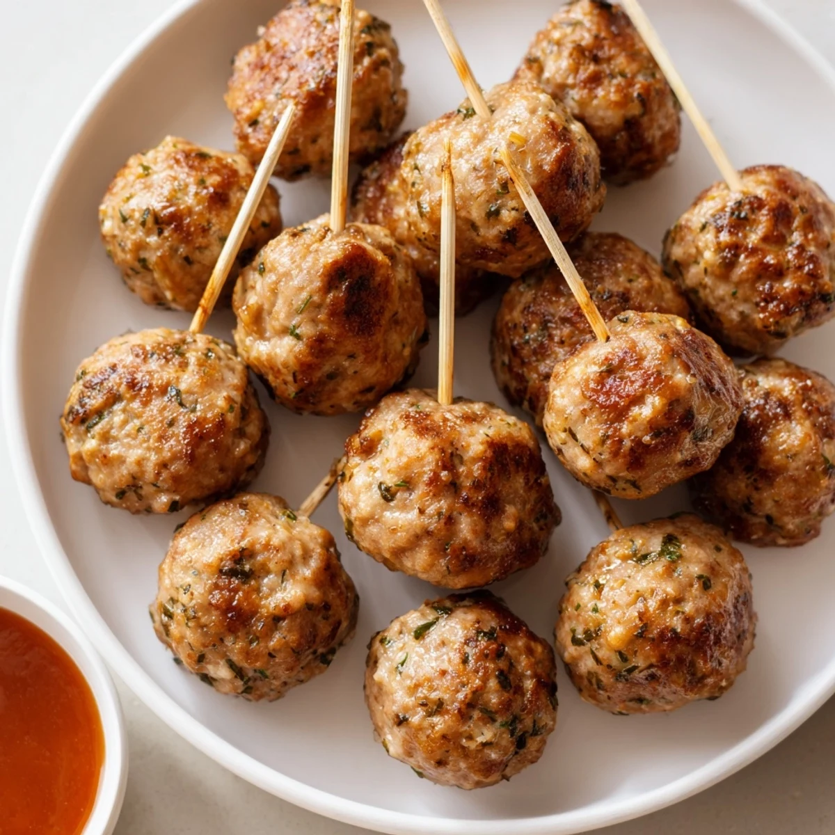 Freshly baked Turkey Appetizer Meatball Bites are golden brown and skewered with toothpicks on a white platter. 
