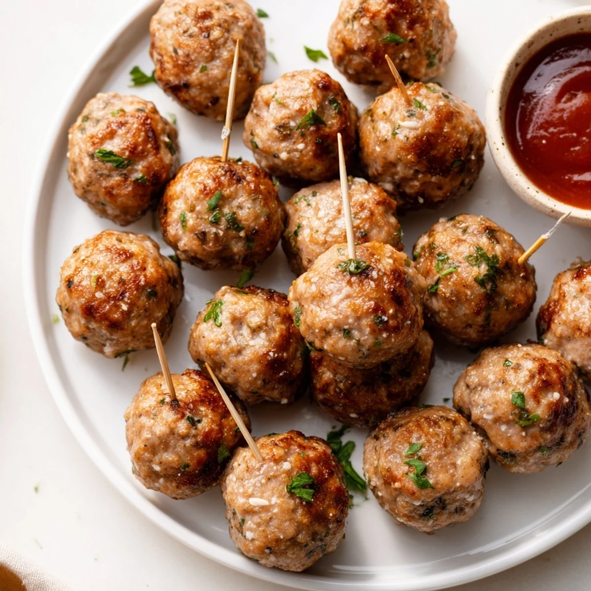 Moist, herb-seasoned Turkey Appetizer Meatball Bites are arranged on a slate serving tray with fresh parsley garnish.