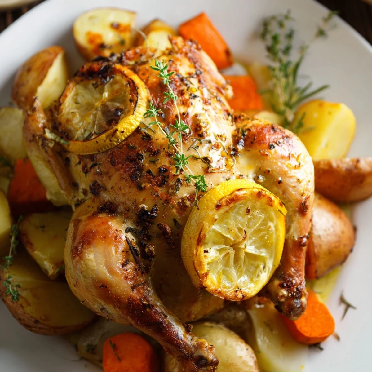 Golden-brown Lemon Dinner Chicken Roast rests alongside roasted carrots and potatoes, fresh herbs visible on the crispy skin.