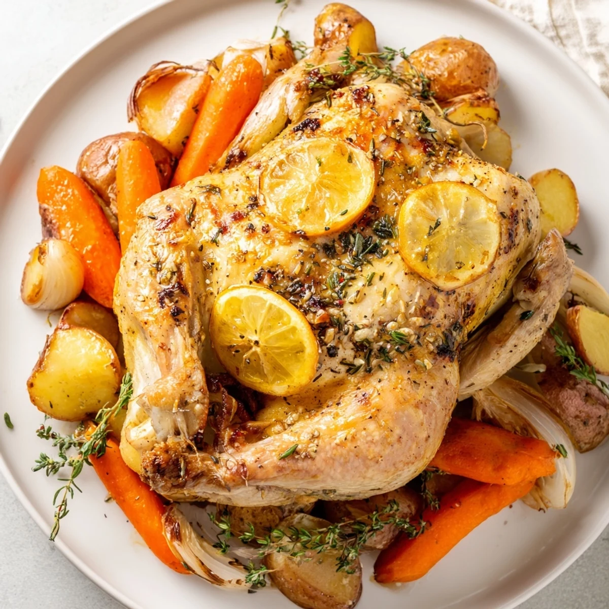 The whole Lemon Dinner Chicken Roast is presented in a rustic pan surrounded by caramelized vegetables and lemon wedges.