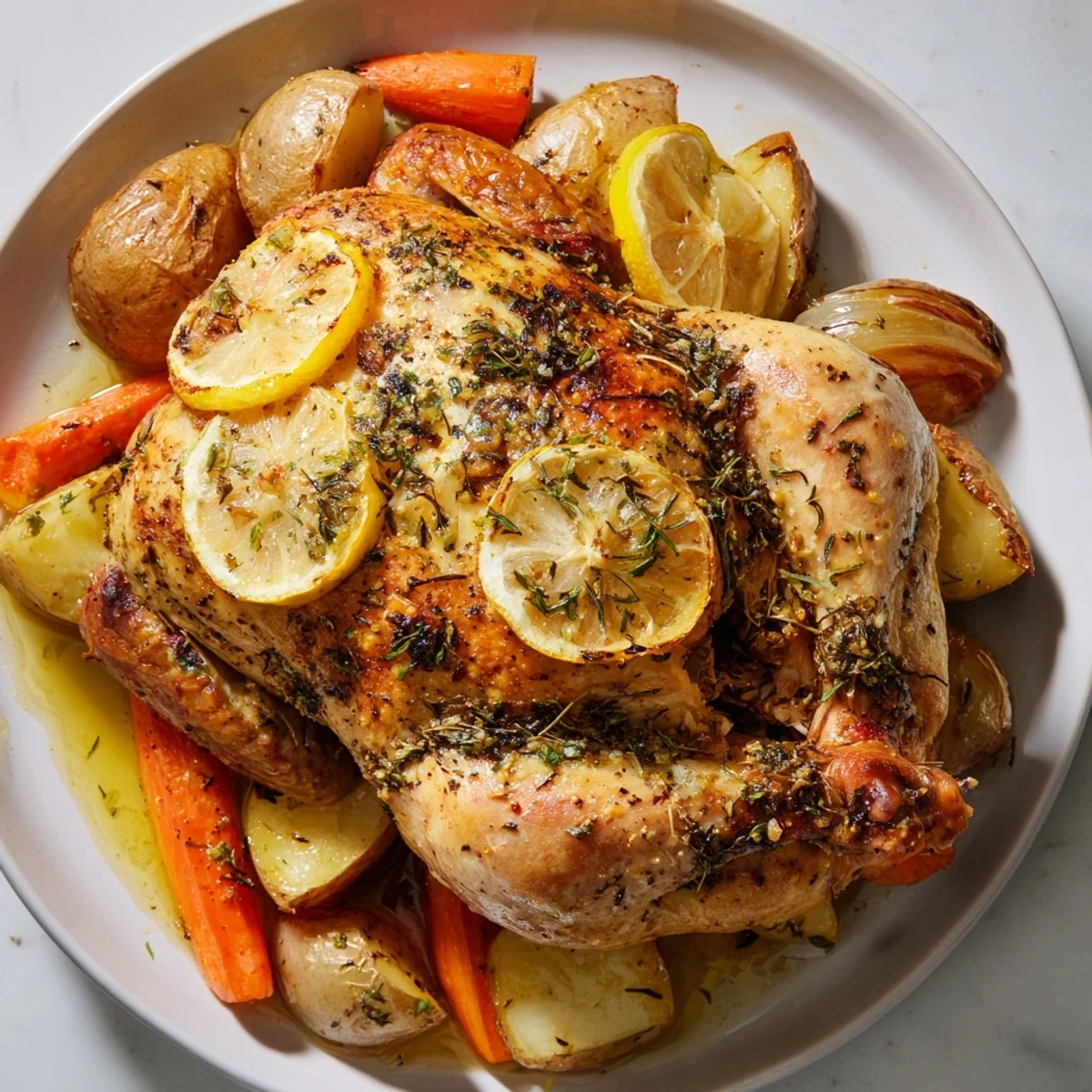 A close-up of a carved slice of Lemon Dinner Chicken Roast reveals juicy, lemon-infused meat on a dinner plate.
