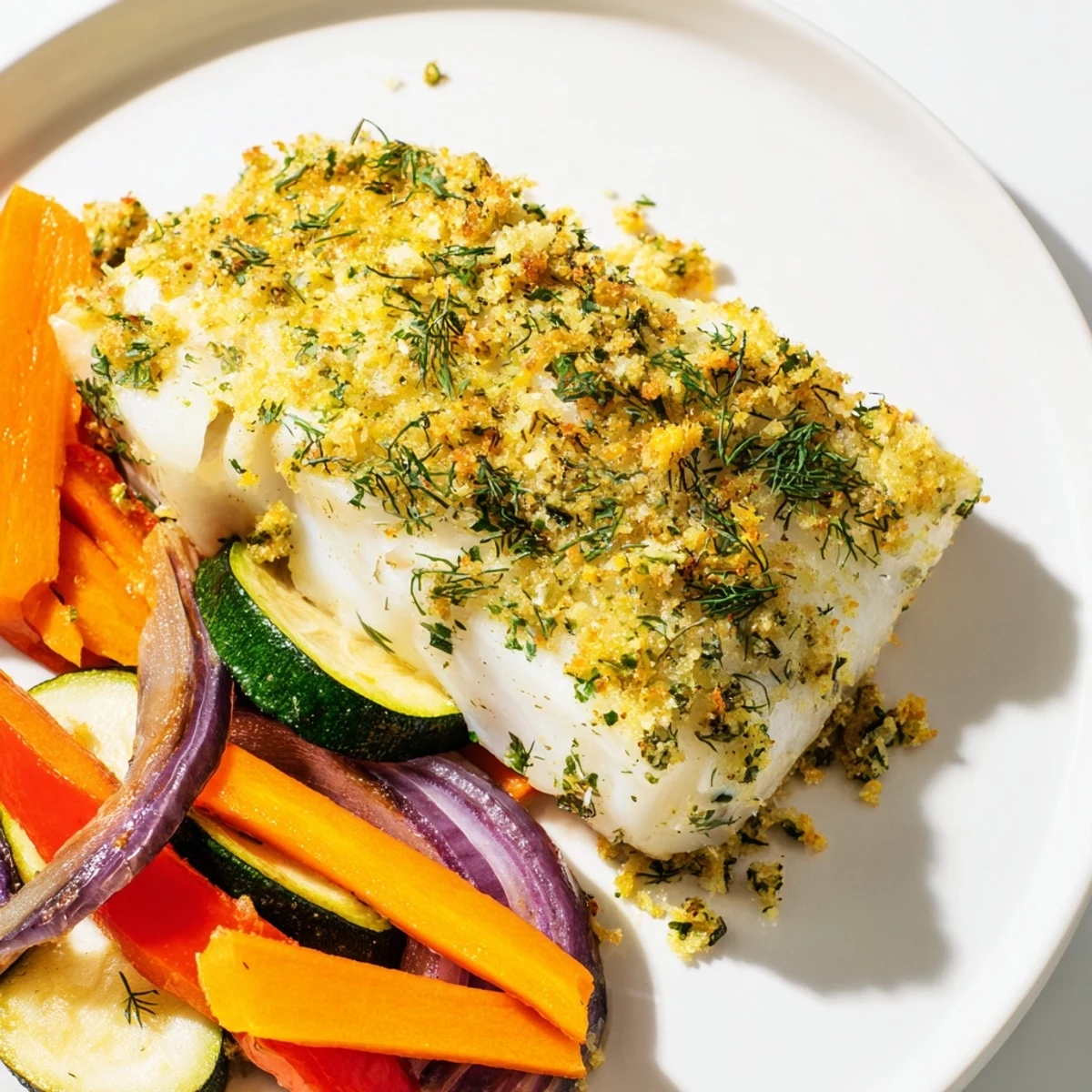 Golden-brown baked cod fillets with a lemon herb crust, served alongside colorful roasted vegetables on a rustic baking sheet.