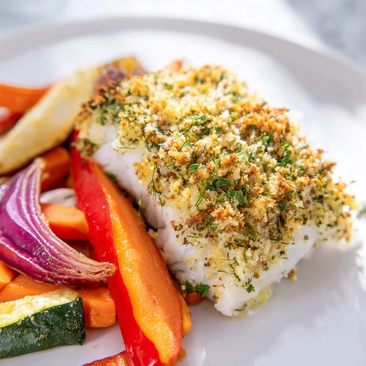 Fork-flaky baked cod fillets with lemon and herbs, paired with caramelized roasted vegetables for a light, healthy dinner.