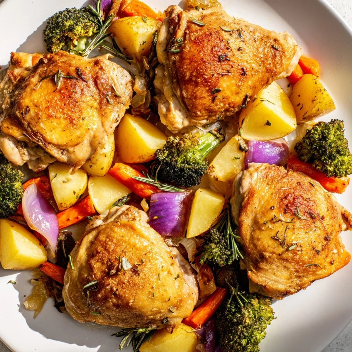 Roasted Dinner Pan Chicken with golden thighs, crisp veggies, and fresh thyme on a baking sheet.