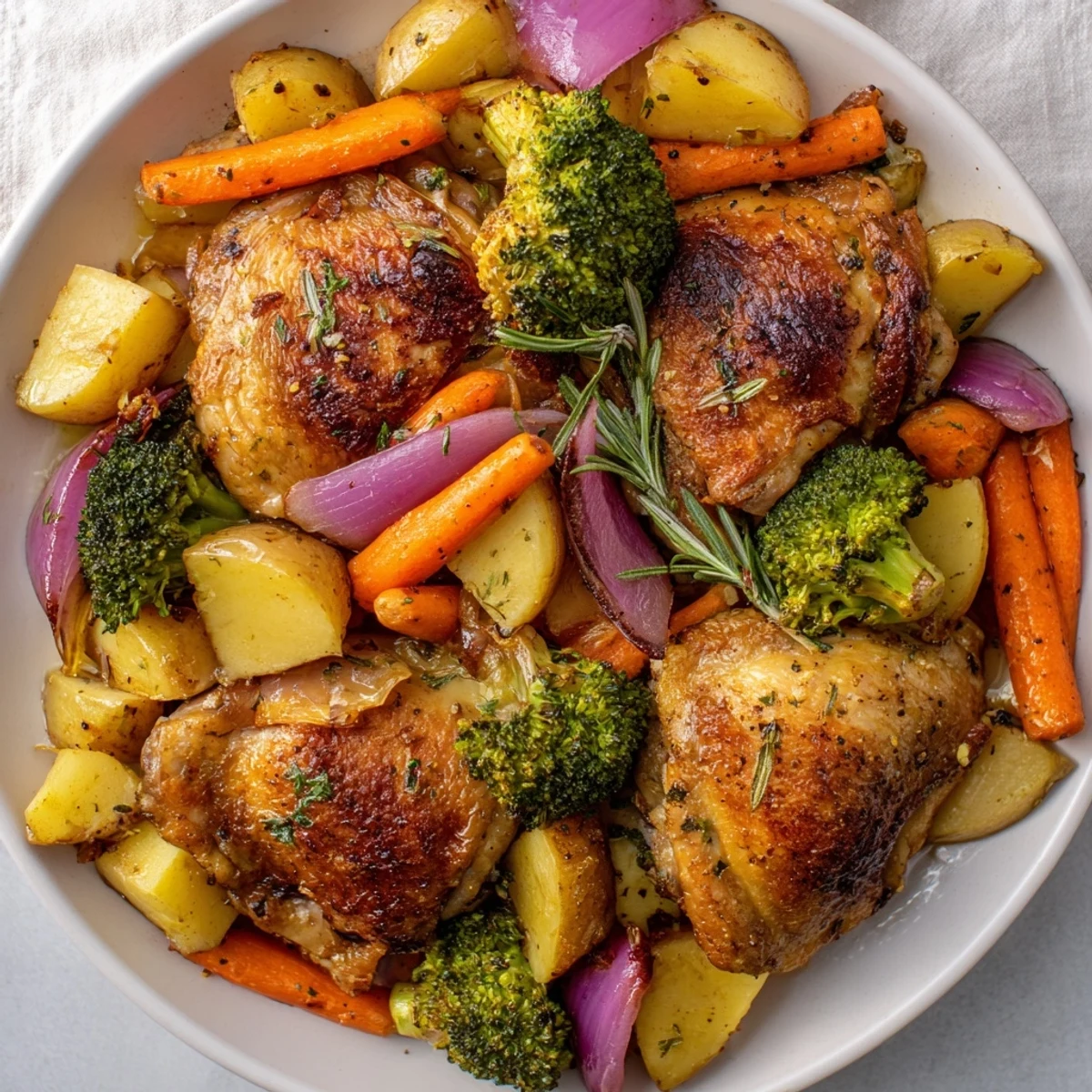 A one-pan Roasted Dinner Pan Chicken meal with tender potatoes, carrots, and juicy, herb-seasoned pieces.