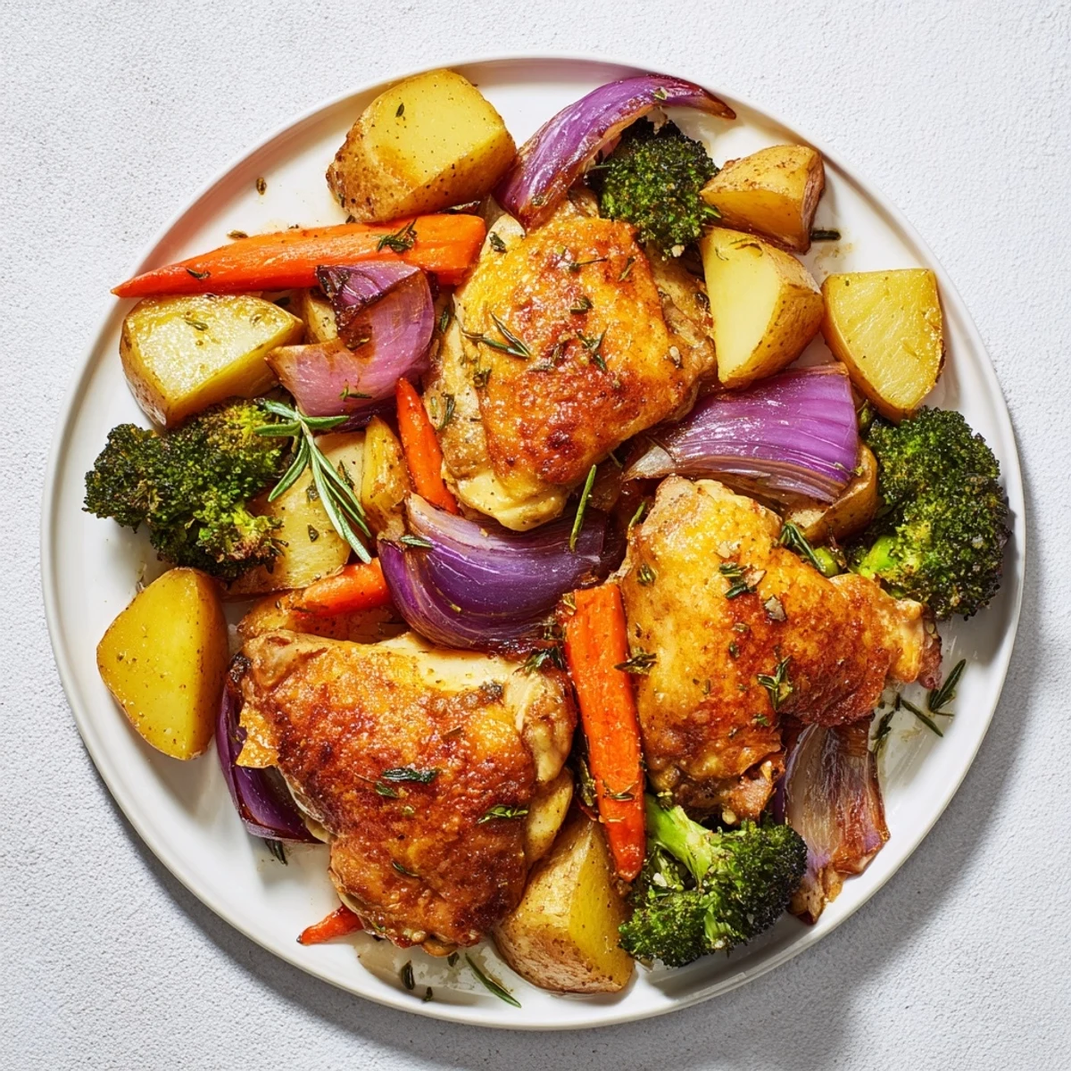 Family-style Roasted Dinner Pan Chicken featuring baked vegetables and lemon wedges, ready for easy weeknight serving.