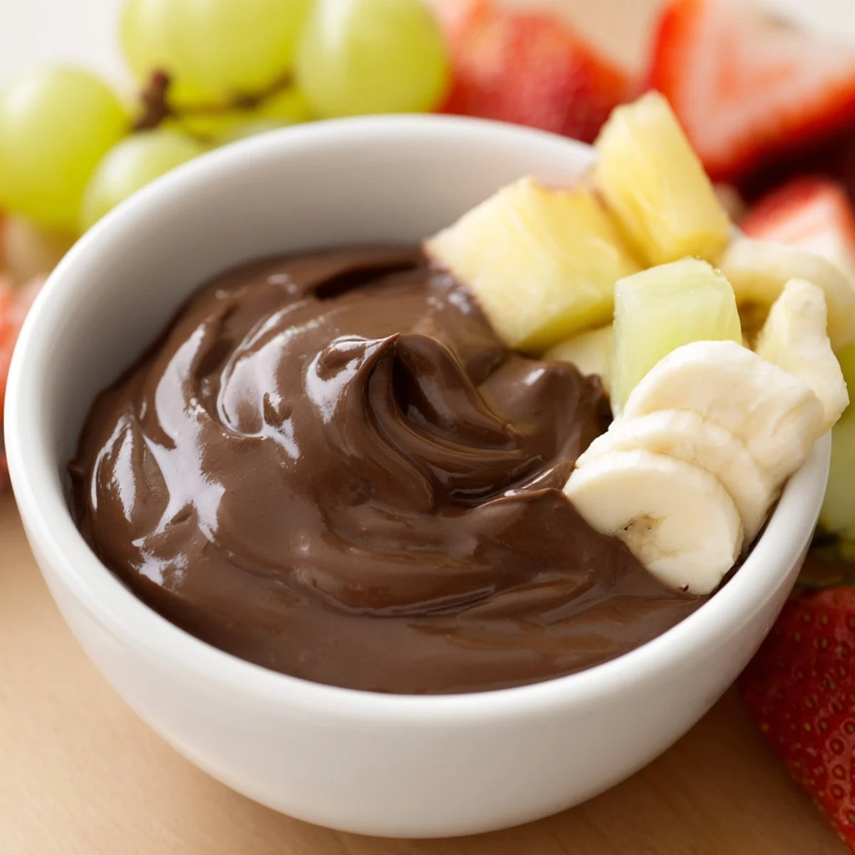 Serving bowl of rich Chocolate Appetizer Fruit Dip surrounded by fresh strawberries, bananas, and crisp apple slices.
