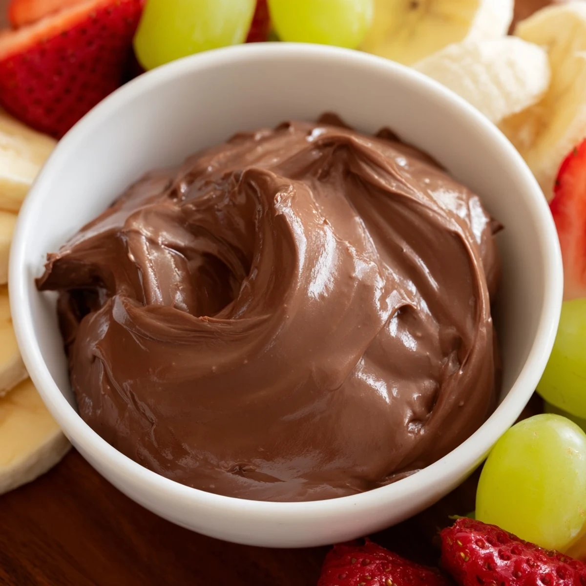 A spoon dipping into warm, glossy Chocolate Appetizer Fruit Dip with fresh fruit for an easy sweet snack.