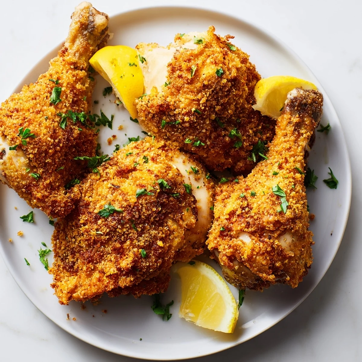 A close-up of Crispy Dinner Chicken Fried with a crunchy, golden crust and tender meat, served alongside mashed potatoes and lemon wedges.  