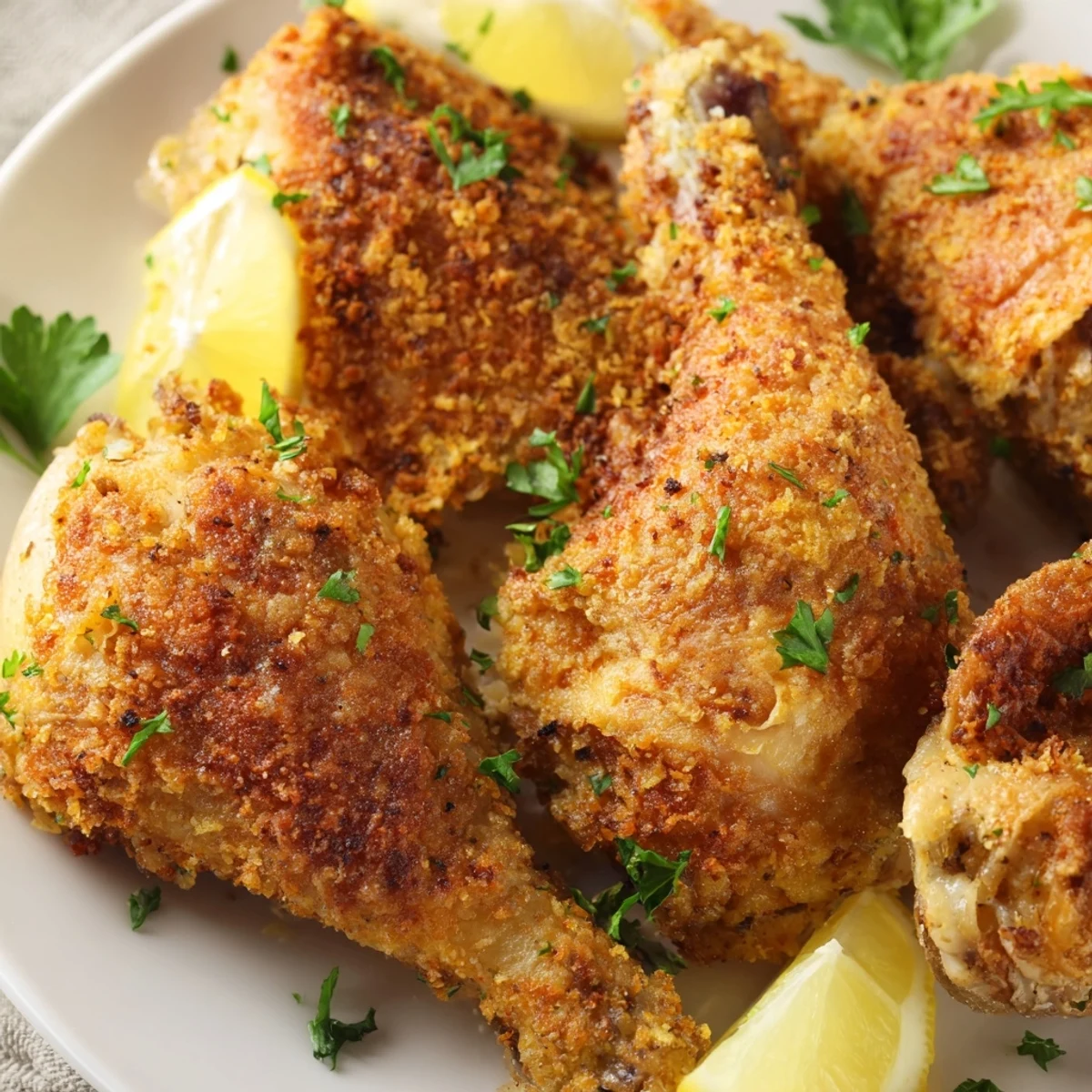 Golden brown Crispy Dinner Chicken Fried thighs and drumsticks rest on a wire rack, glistening with seasoned crumbs and a hint of paprika.  