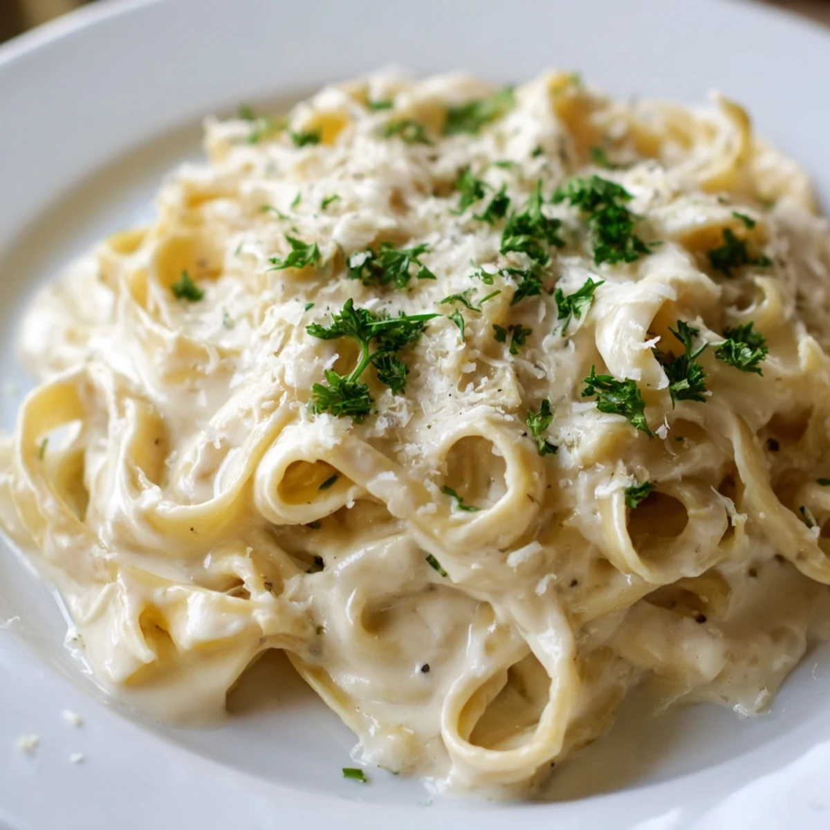Rich Creamy Dinner Pasta Sauce coating steaming fettuccine, ready to be garnished with vibrant chopped parsley for an Italian dinner.