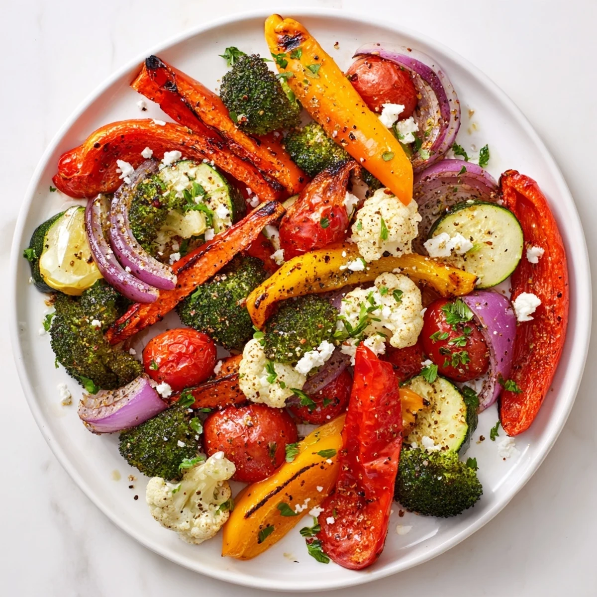 A close-up of the Roasted Appetizer Veggie Tray, showcasing caramelized peppers and zucchini. The colorful spread is arranged on a white platter, garnished with fresh parsley and crumbled feta cheese.