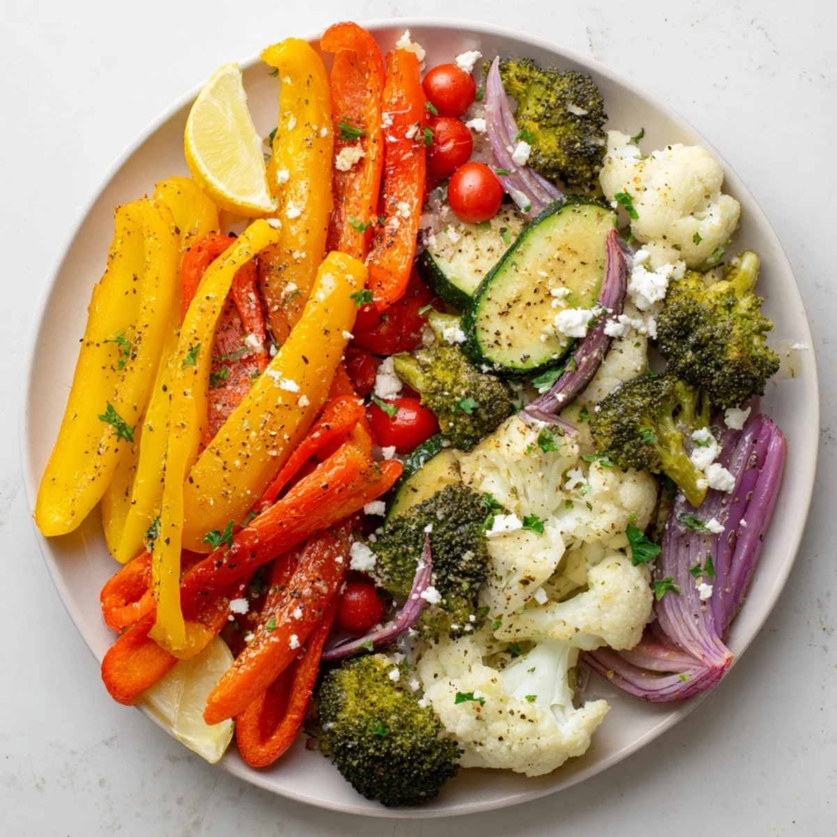 Overhead view of the Roasted Appetizer Veggie Tray, featuring a medley of roasted broccoli, cauliflower, and carrots. Seasonings like garlic and herbs are visible on the charred edges of the vegetables.