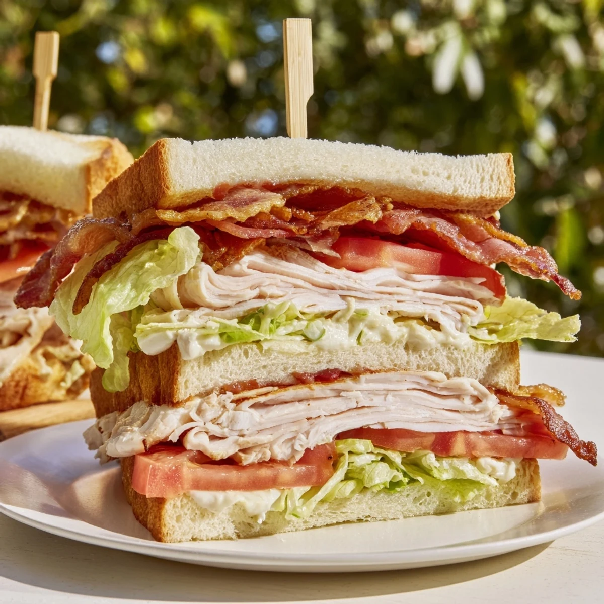 Golden-toasted bread layers stuffed with roasted turkey, crispy bacon, fresh lettuce, juicy tomato, and creamy mayonnaise in this classic Turkey Lunch Sandwich Club.  
