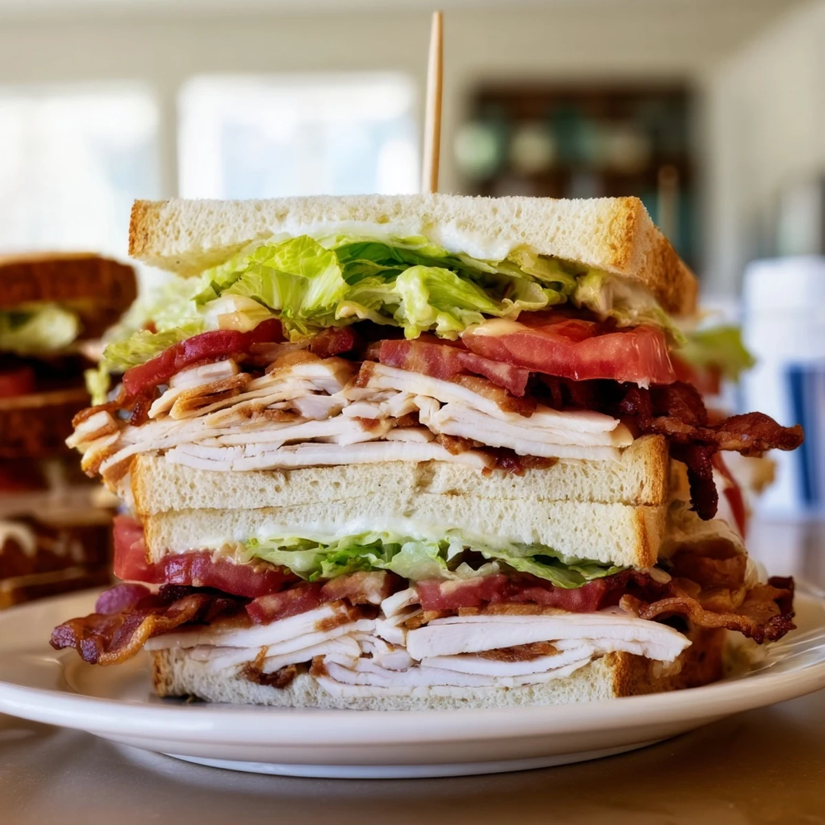 A triple-decker Turkey Lunch Sandwich Club on a plate, featuring stacked turkey, crunchy bacon, and vibrant lettuce with a side of crisp chips.  
