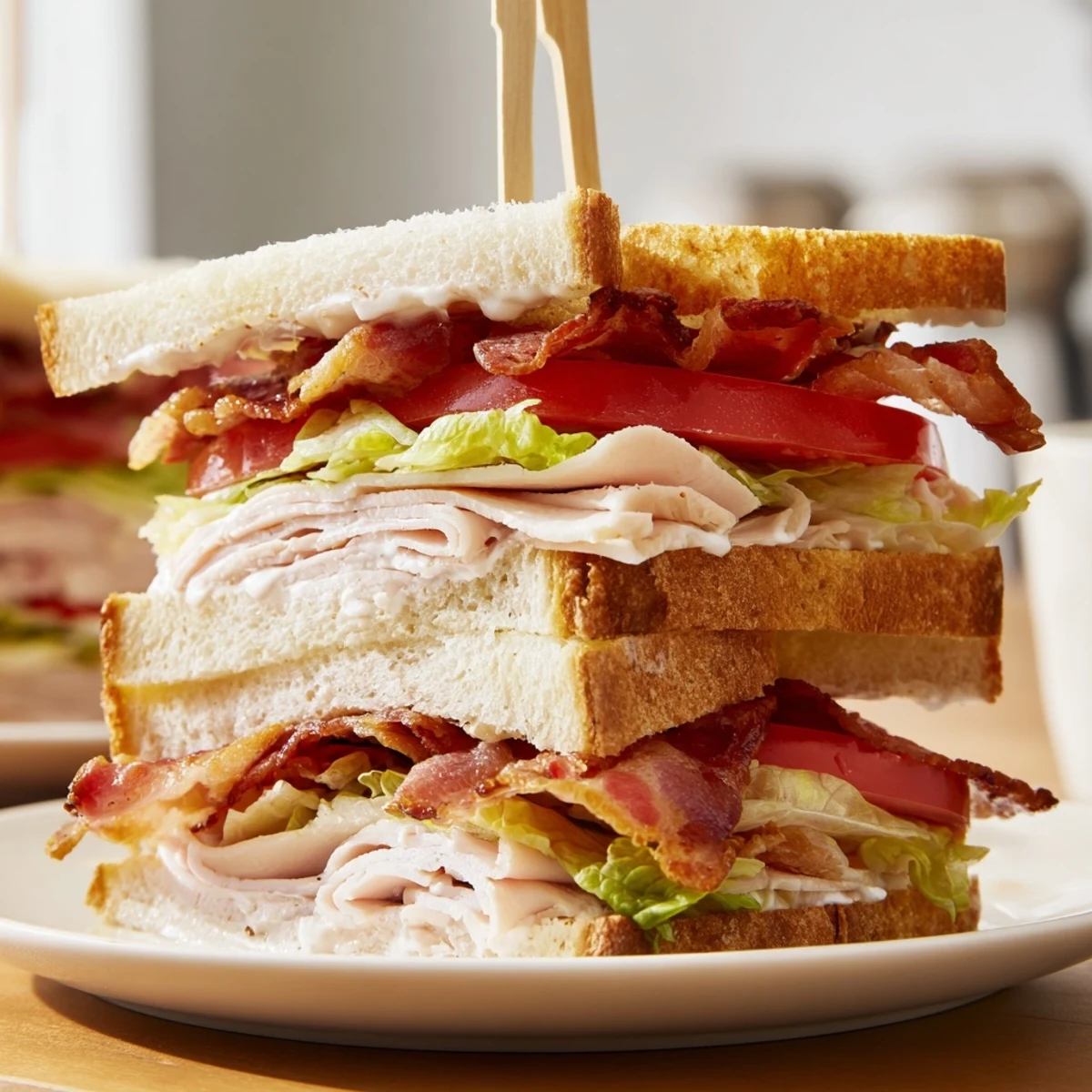 Close-up of a diagonal slice of the Turkey Lunch Sandwich Club, revealing layers of turkey, bacon, and fresh veggies on toasted bread.