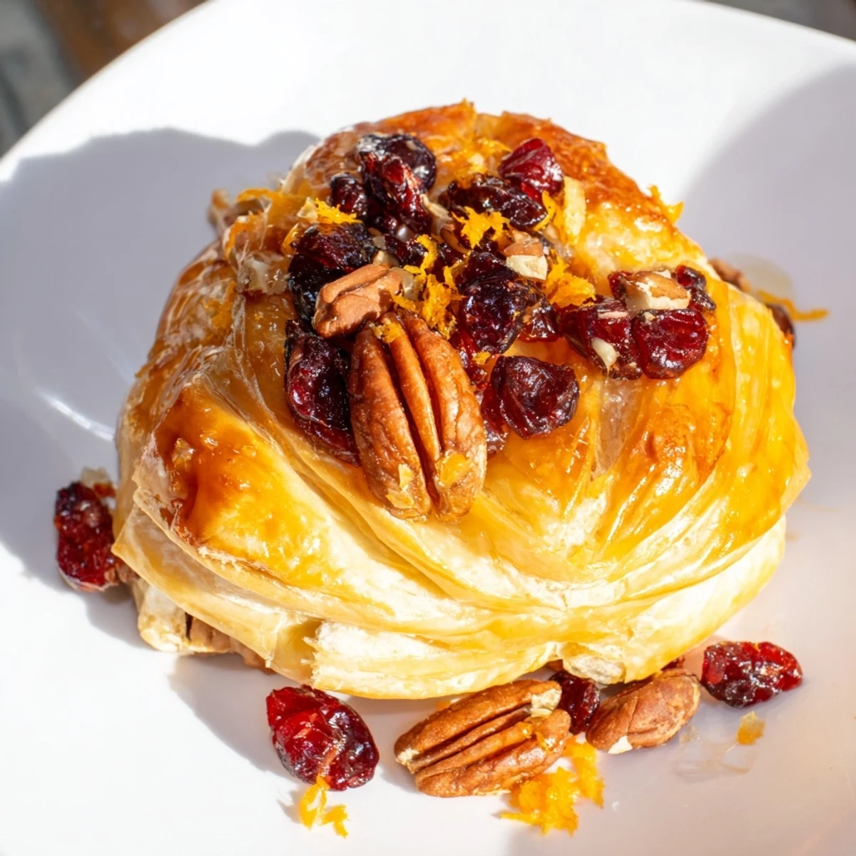 Freshly baked Brie with cranberry and pecan topping, oozing melted cheese from golden puff pastry, with honey glaze on a rustic board.