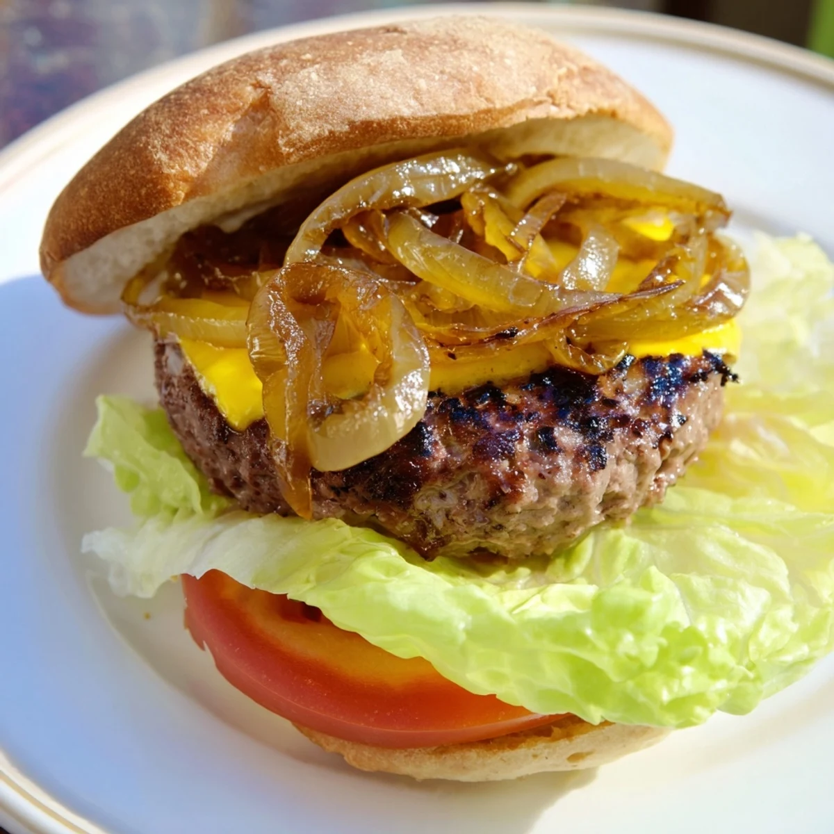 Classic Beef Burgers with Caramelized Onions are stacked high on a toasted bun, featuring melted cheddar and fresh lettuce for a satisfying crunch.