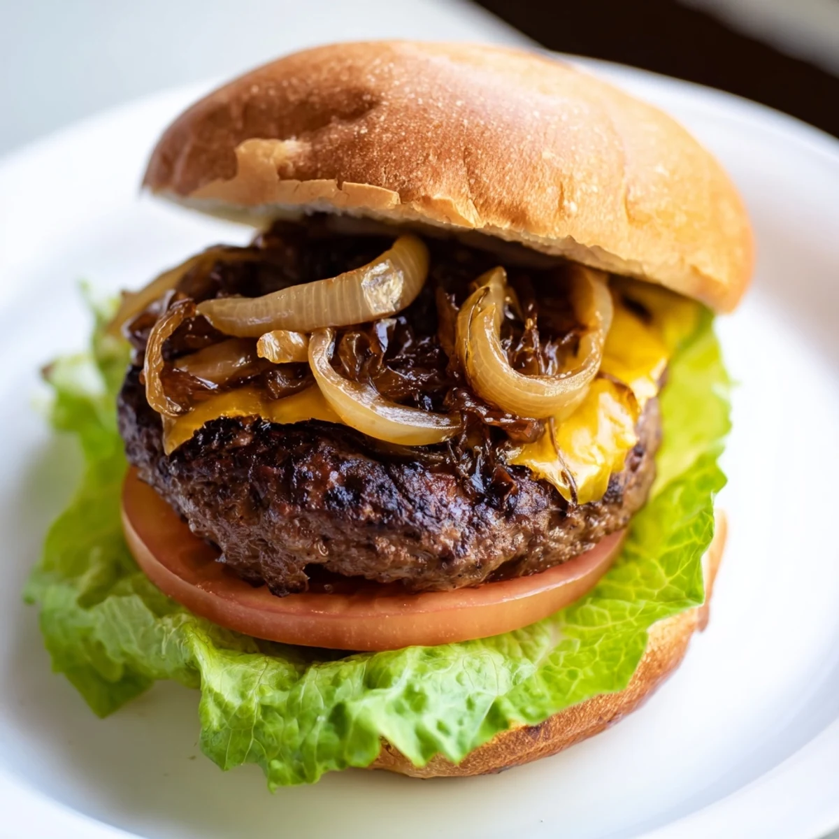 A close-up of a juicy Classic Beef Burgers with Caramelized Onions, topped with golden-brown onions and a pickle slice on a soft brioche bun.