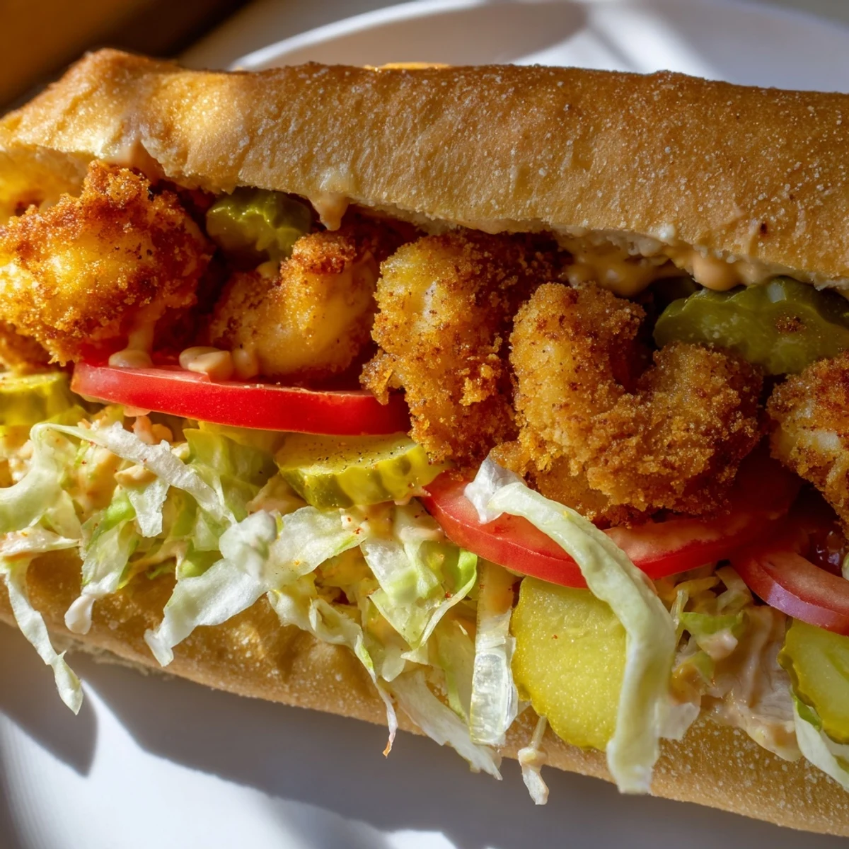 Golden-fried shrimp nestled in a toasted baguette with crisp lettuce, juicy tomato, and zesty remoulade sauce.