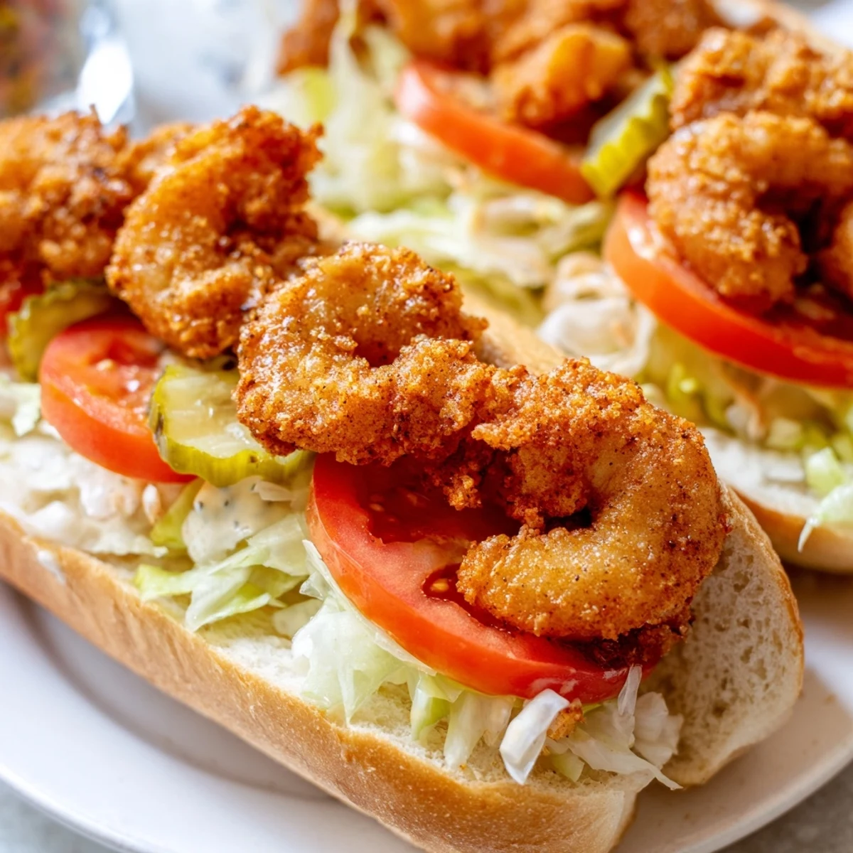 Crispy Southern Shrimp Po Boy Sandwich loaded with pickles and creamy remoulade, served on a fresh hoagie roll.