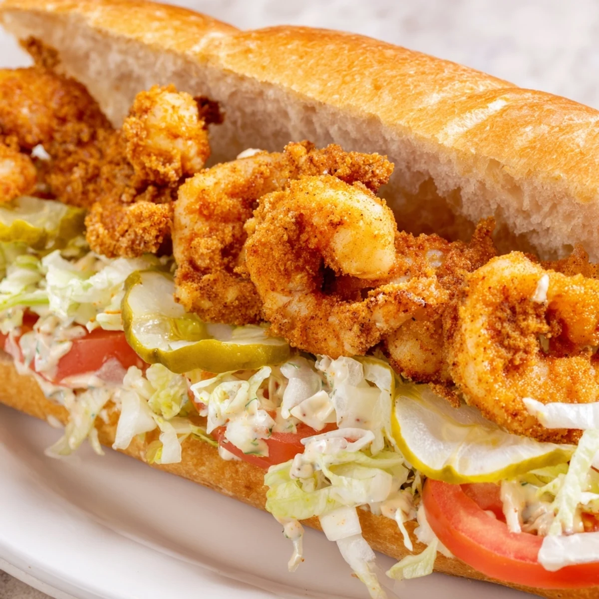 A classic New Orleans-style Shrimp Po Boy Sandwich with Cajun-seasoned shrimp and vibrant, colorful toppings on a crusty roll.
